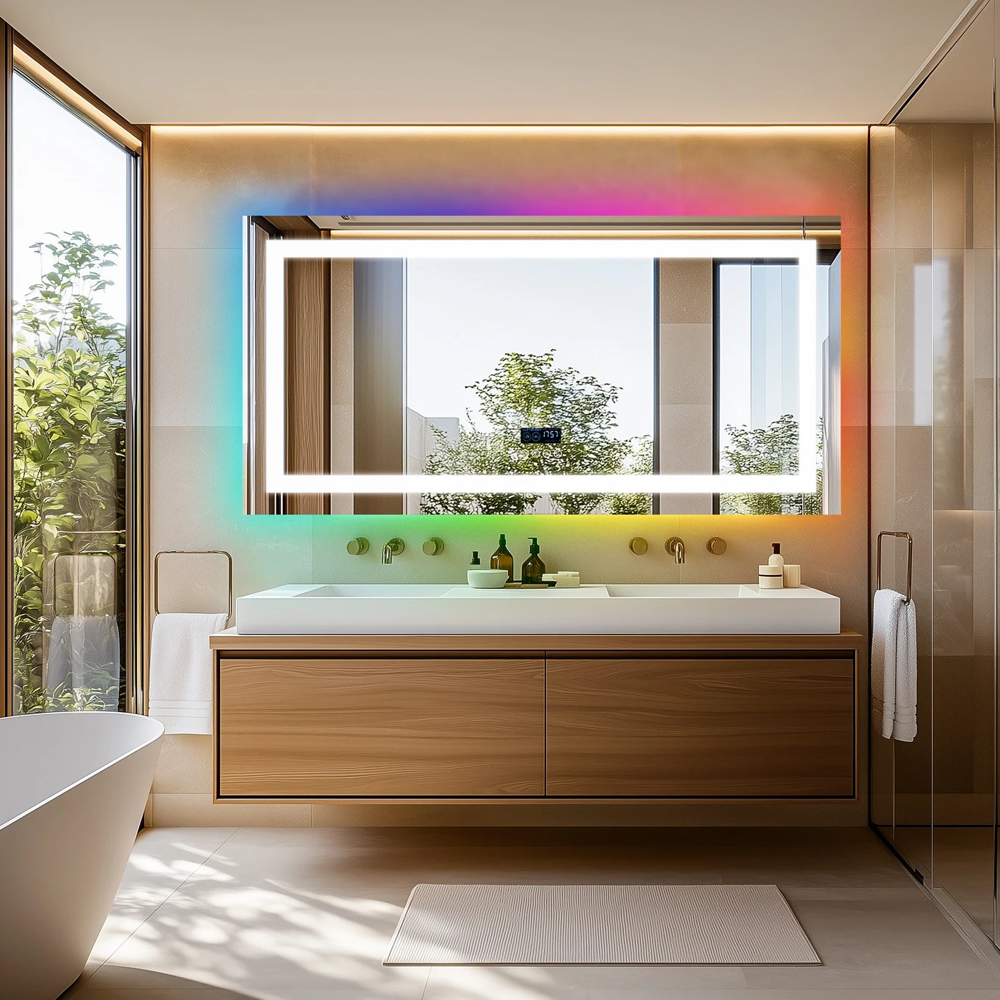 LED Lighted Bathroom Mirror With Bluetooth Speaker RGB Lighting Wall Mount