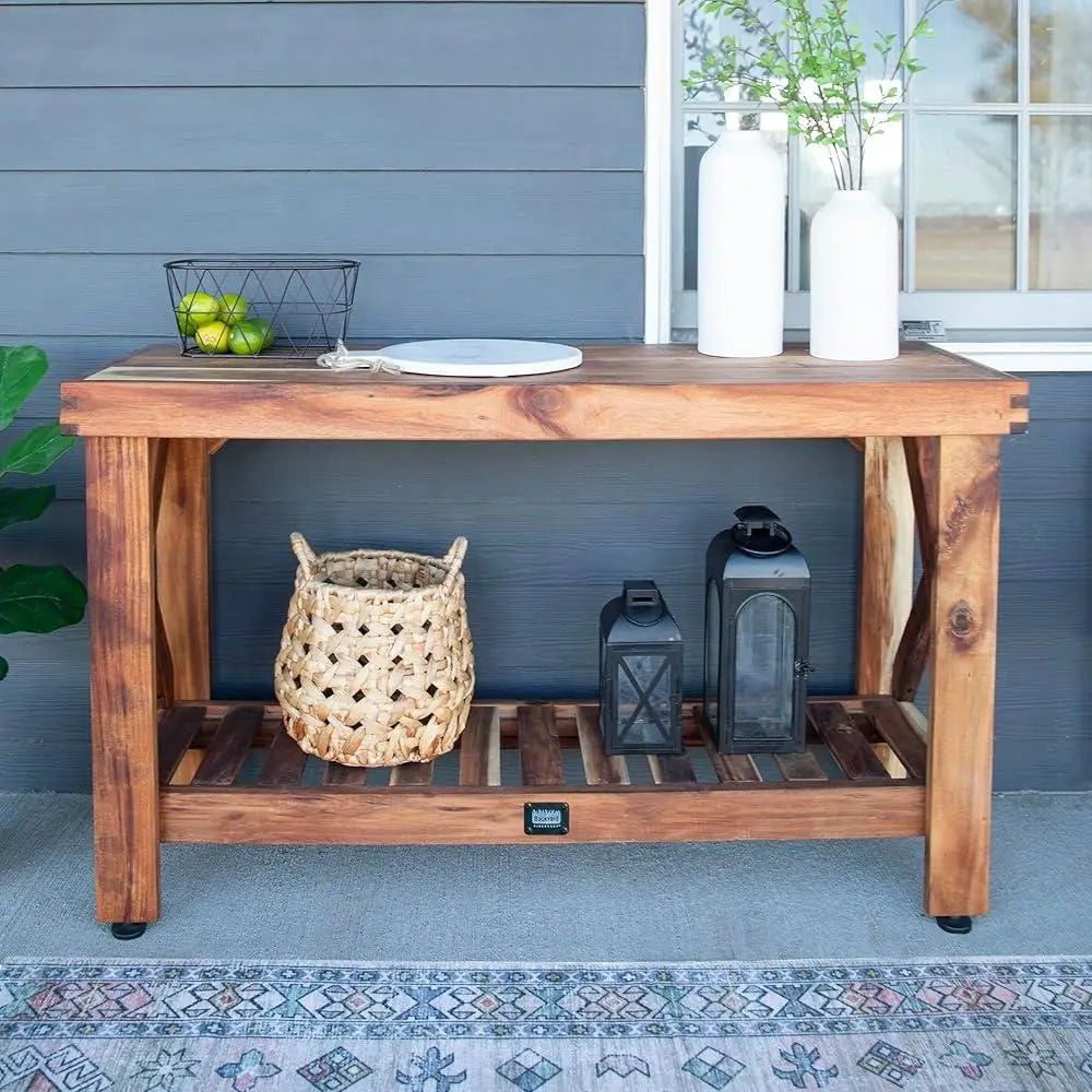 48 Inch Acacia Wood Console Table Farmhouse Style With Lower Slat Storage