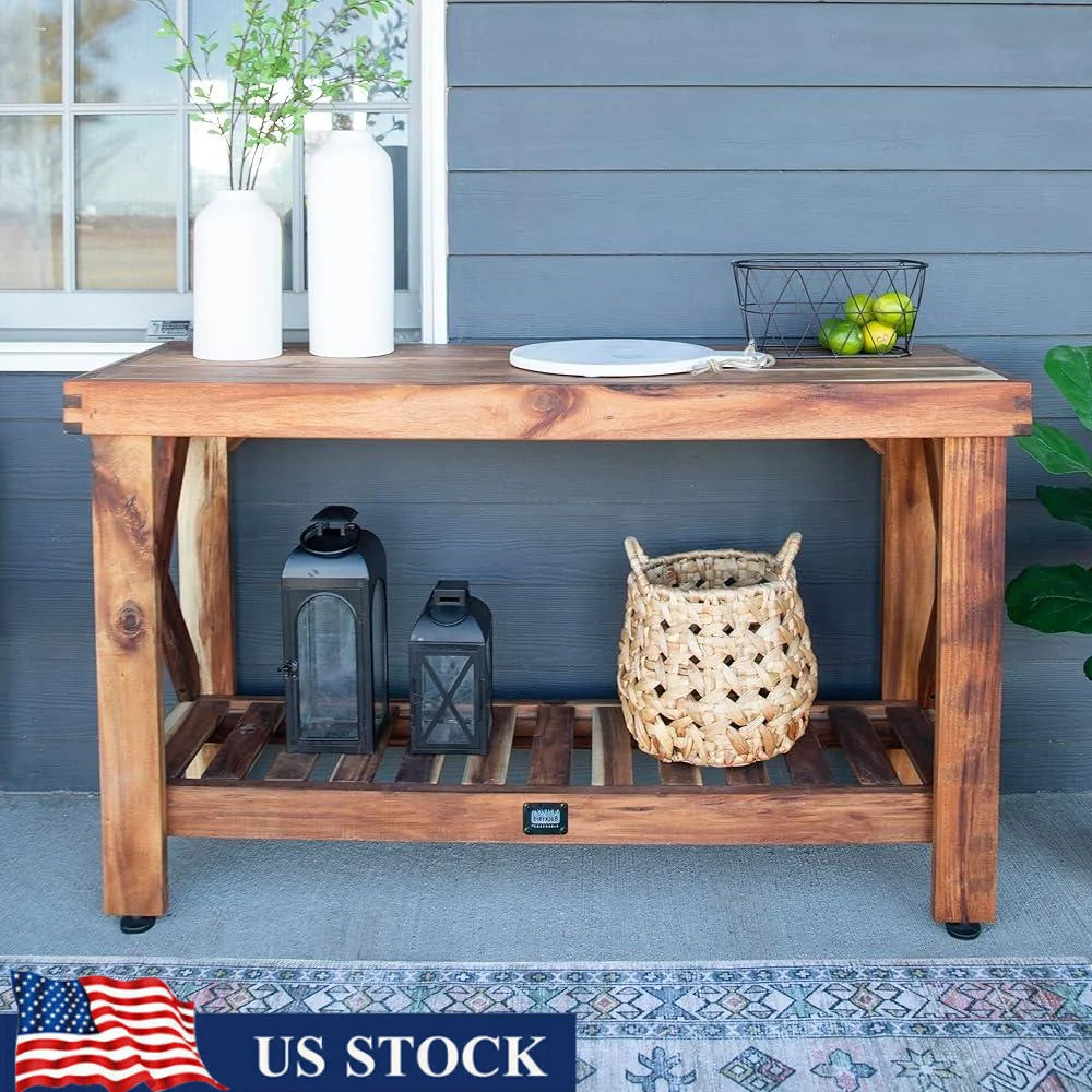 48 Inch Acacia Wood Console Table Farmhouse Style With Lower Slat Storage