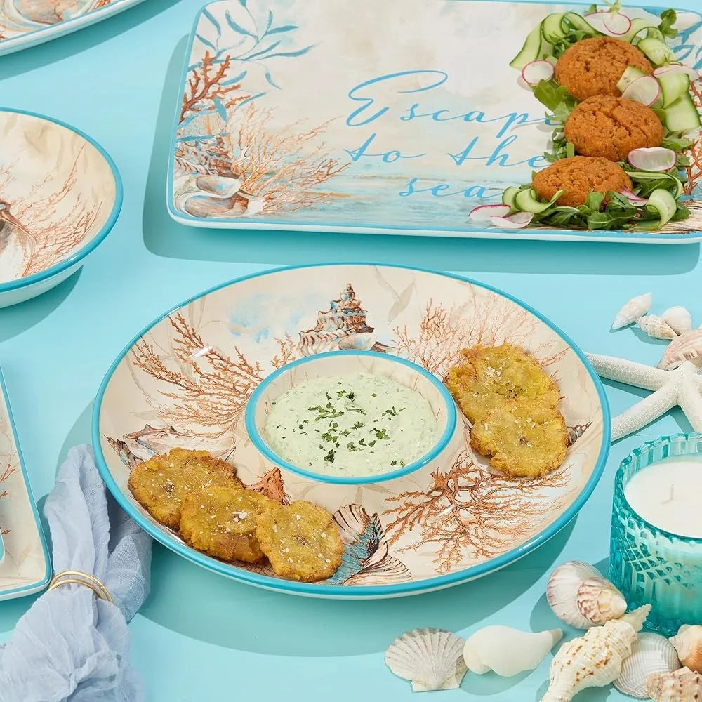 Coastal Seashell Coral Chip Dip Set 13.75 Inch Durable Ceramic Dishwasher Safe Ideal for Entertaining Parties