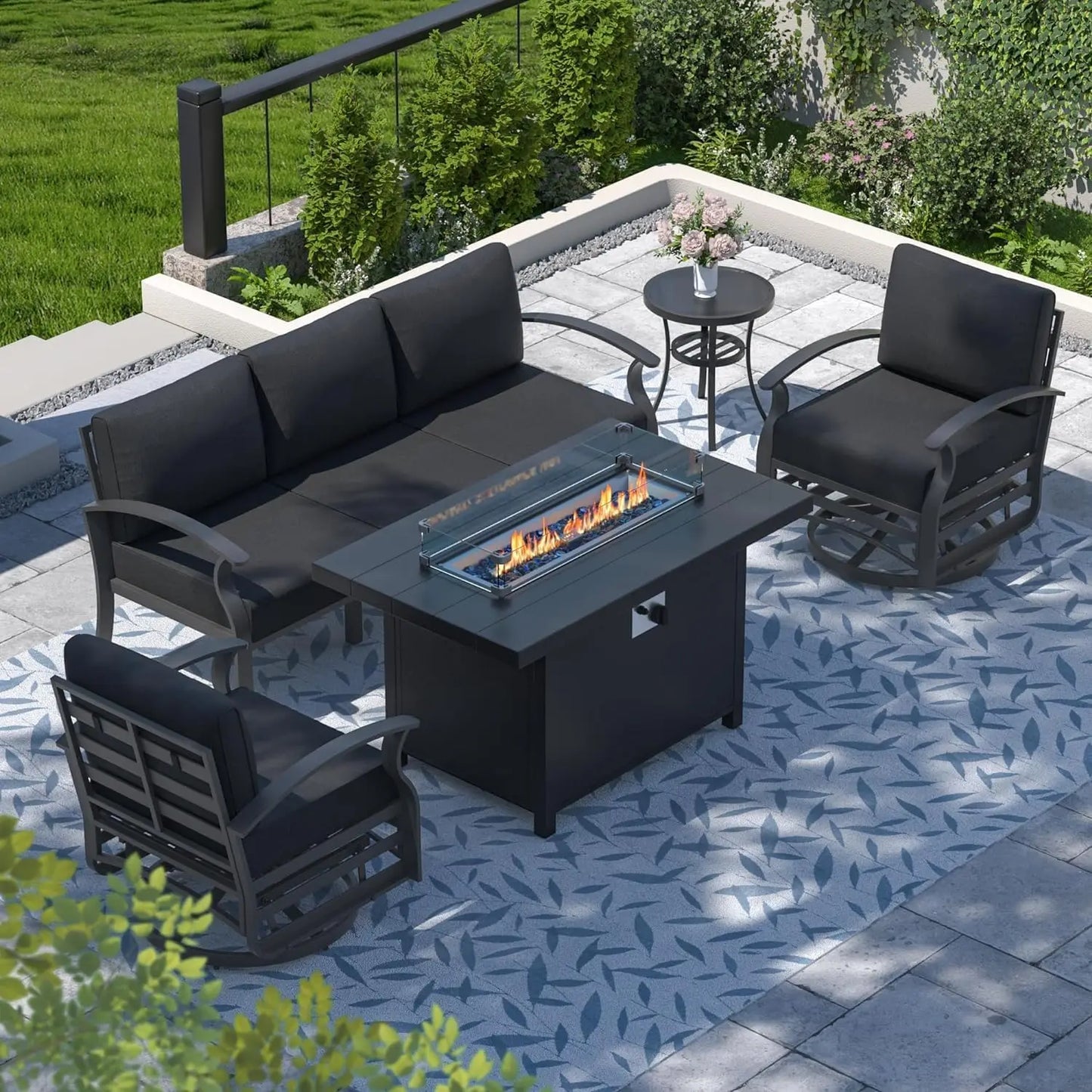 Aluminum Patio Set With Fire Pit And Cushioned Swivel Chairs