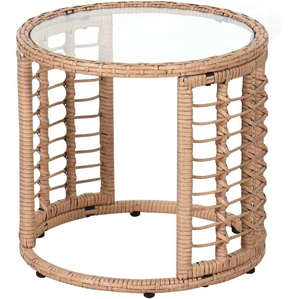 All Weather Round Wicker End Table With Glass Top For Outdoor Patio And Backyard