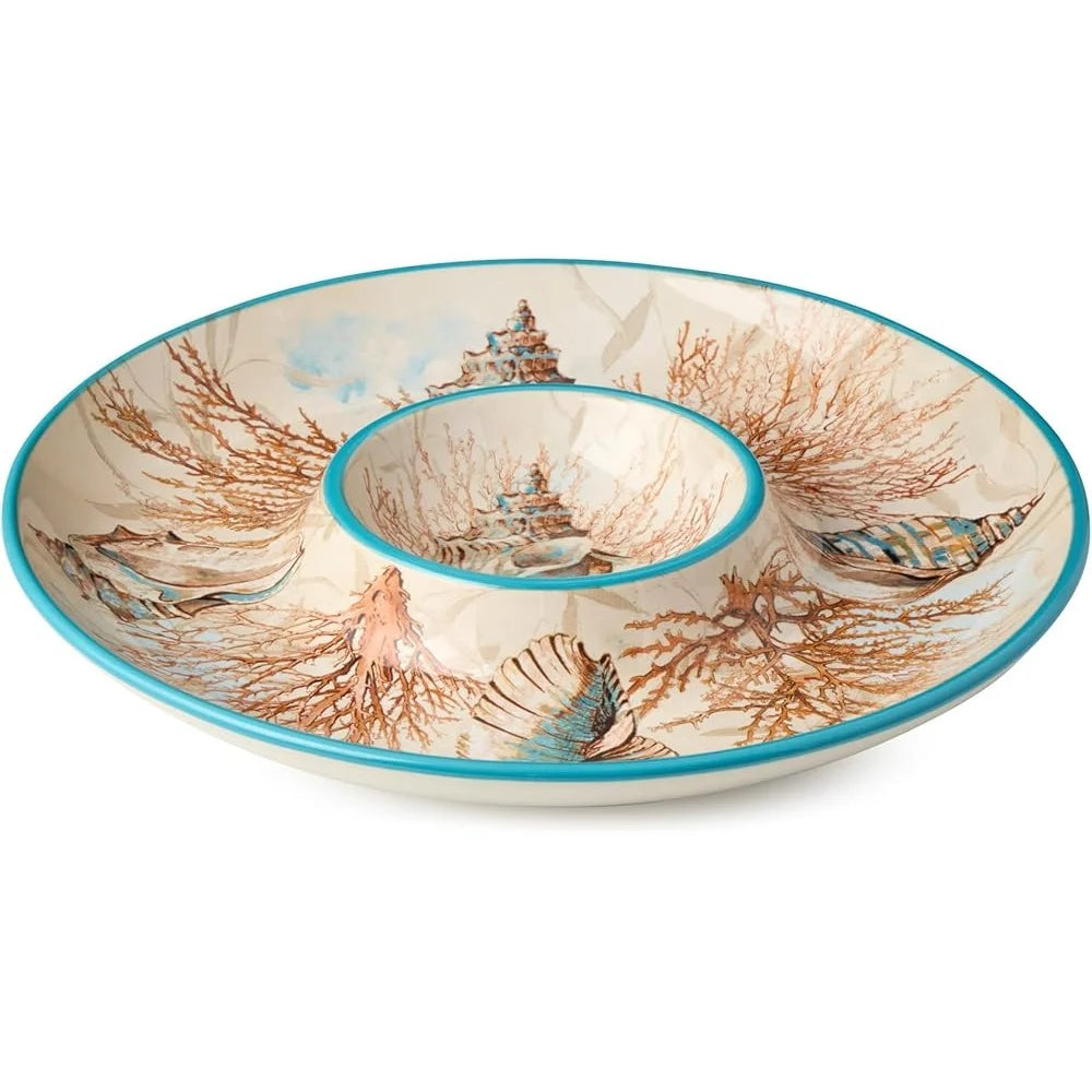 Coastal Seashell Coral Chip Dip Set 13.75 Inch Durable Ceramic Dishwasher Safe Ideal for Entertaining Parties