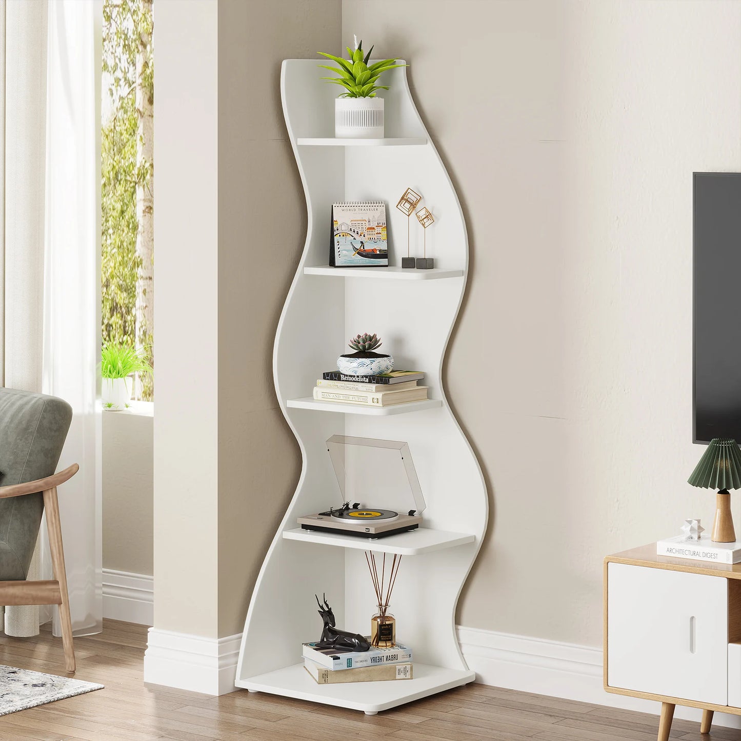 Tribesigns Corner Shelf Modern 5 Tier Wall Corner Bookshelf Stylish Corner Small Bookcase Storage Rack Plant Stand