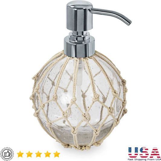 Nautical Glass Lotion Pump Bathroom Dispenser with Rope Accent and Chrome Top for Hand Soap and Lotion Home Decor