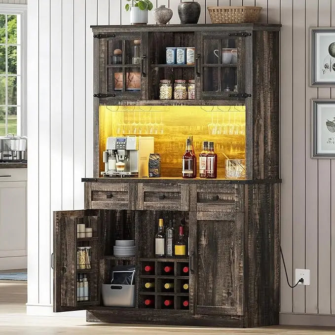 Coffee Bar Cabinet With Outlet And Lights 72 Inch Farmhouse