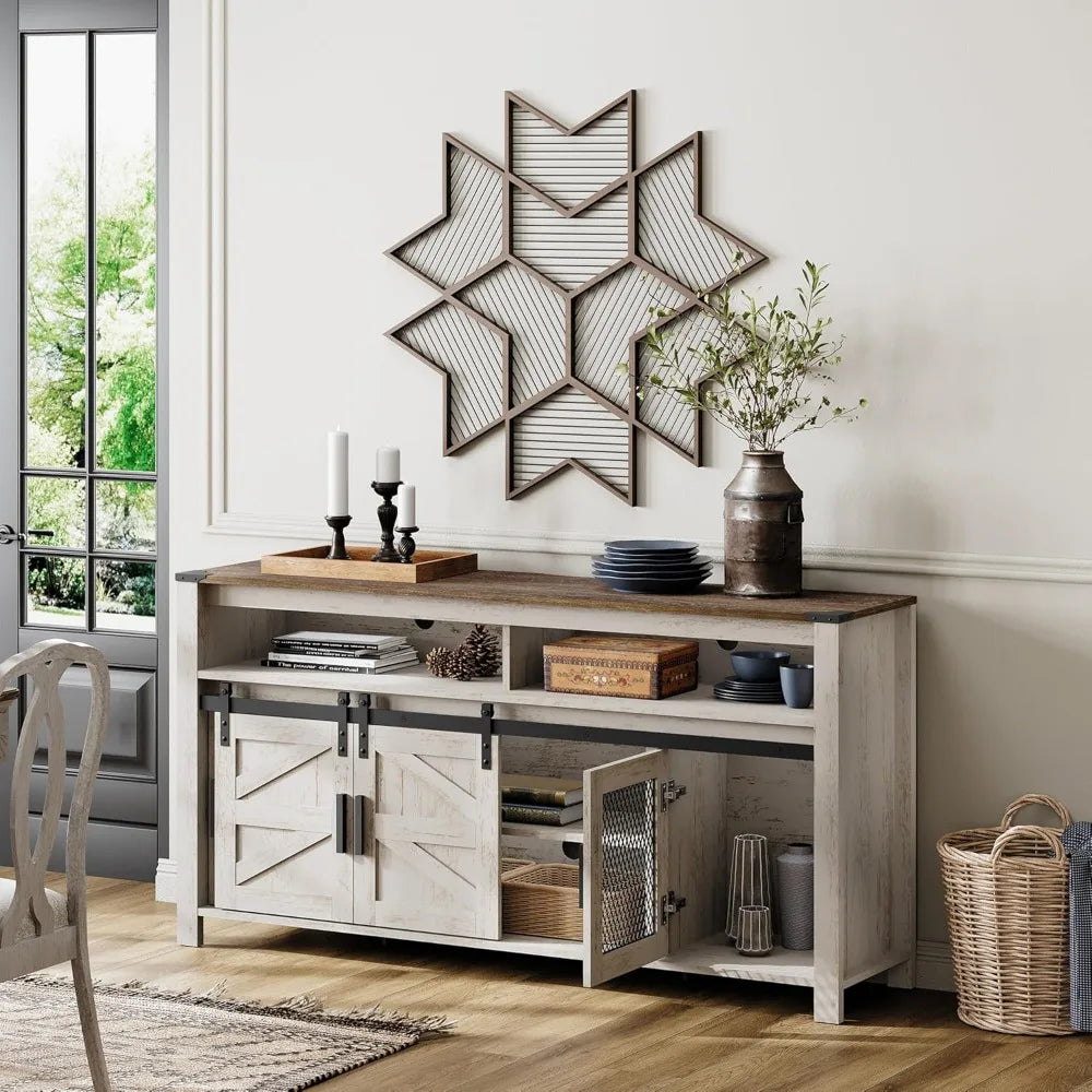 Farmhouse Buffet Cabinet Rustic Sideboard Sliding Barn Doors Mesh Doors 59 Inch Coffee Bar Storage Cabinet For Kitchen