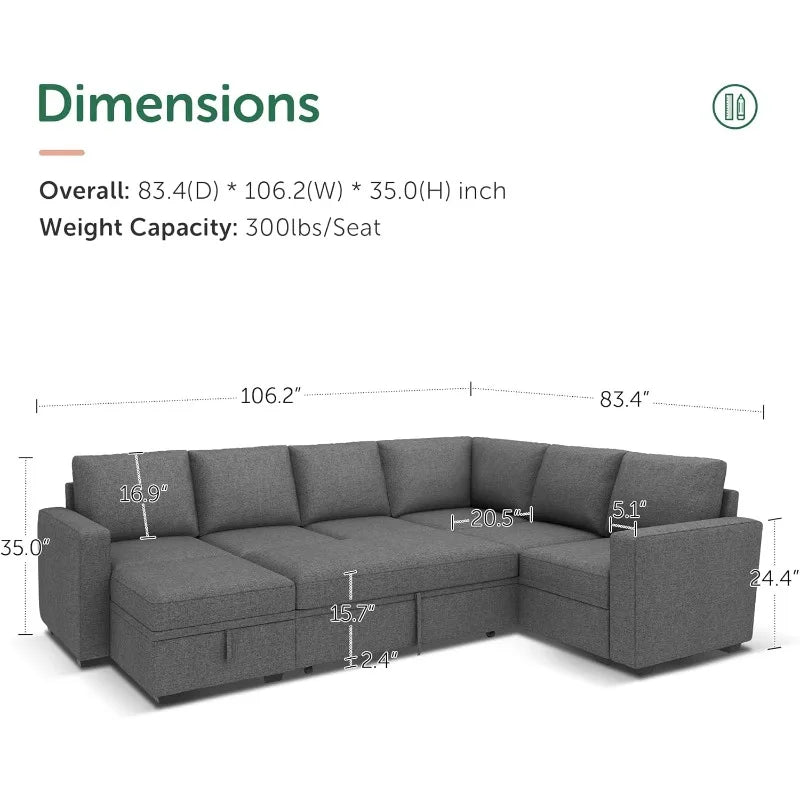 Sectional Sleeper Sofa U Shaped Couch With Storage Grey
