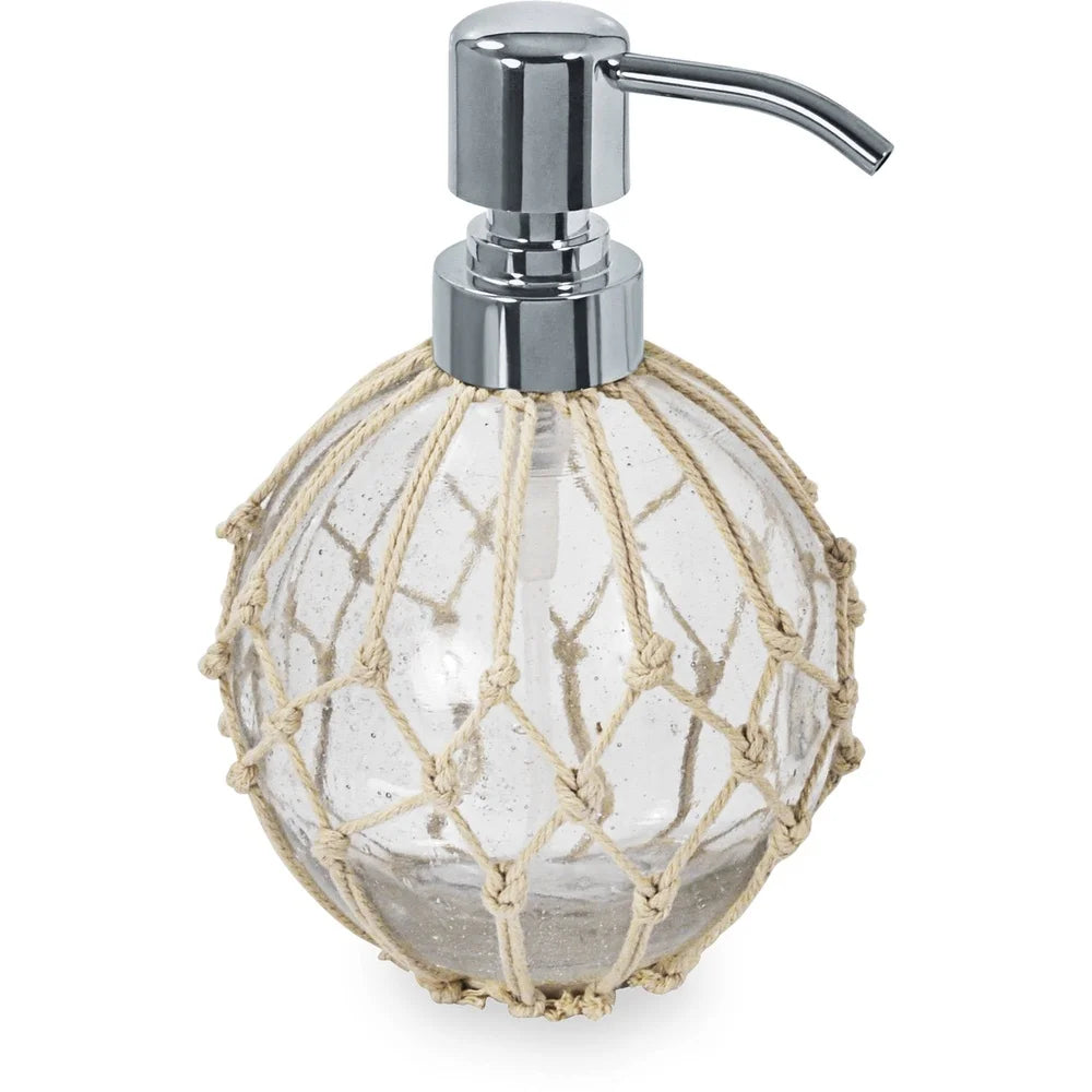 Nautical Glass Lotion Pump Bathroom Dispenser with Rope Accent and Chrome Top for Hand Soap and Lotion Home Decor