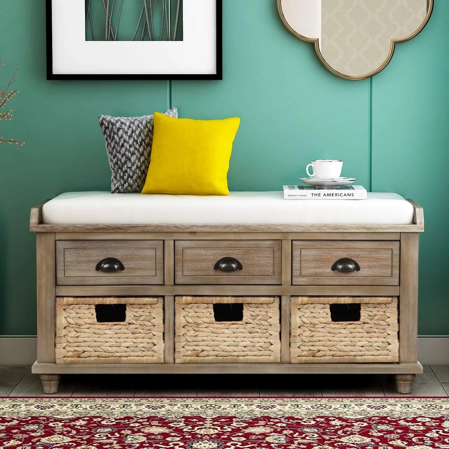 Wood Storage Bench With 3 Drawers And 3 Rattan Baskets, Rattan Entryway Bench With Removable Cushion White Washed