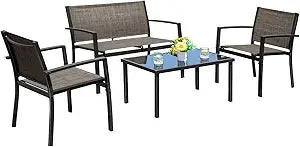 Black 4 Pieces Outdoor Patio Furniture Set With Glass Coffee Table For Garden And Poolside