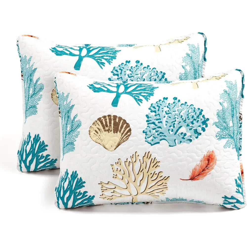 Coastal Reef Reversible Quilt Set King 7 Piece Ocean Blue Coral Decor Bedding