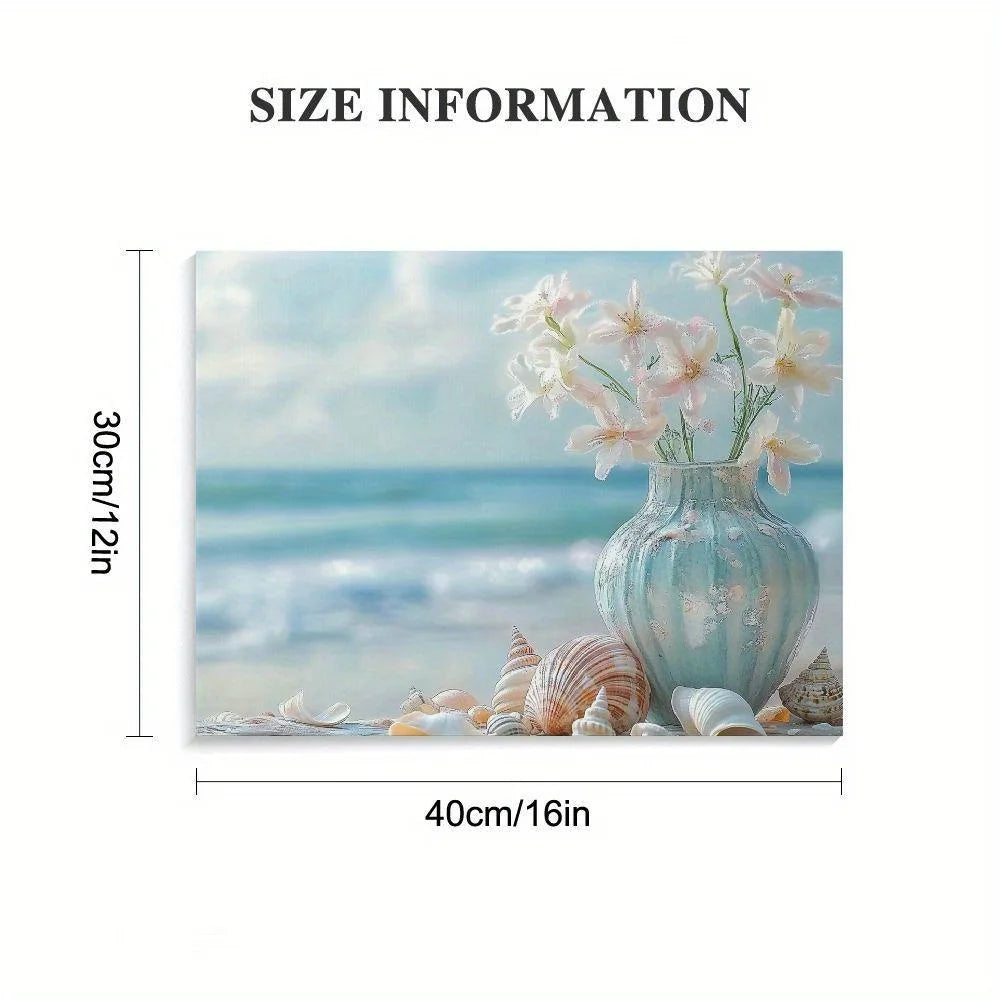 Coastal Happiness Beach Scene Canvas Wall Art With Flowers