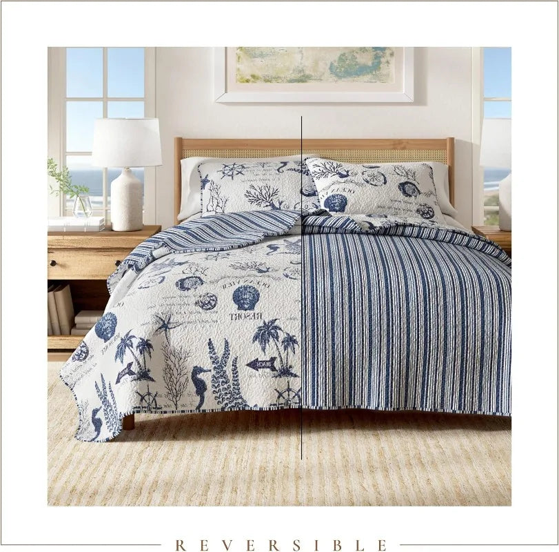 Twin Twin XL Coastal Bedding Set Summer Coastal Quilt with Sham Beach 2 Piece Reversible All Season Bedspread Quilt Set Lightweight Nautical Quilted Coverlet Navy