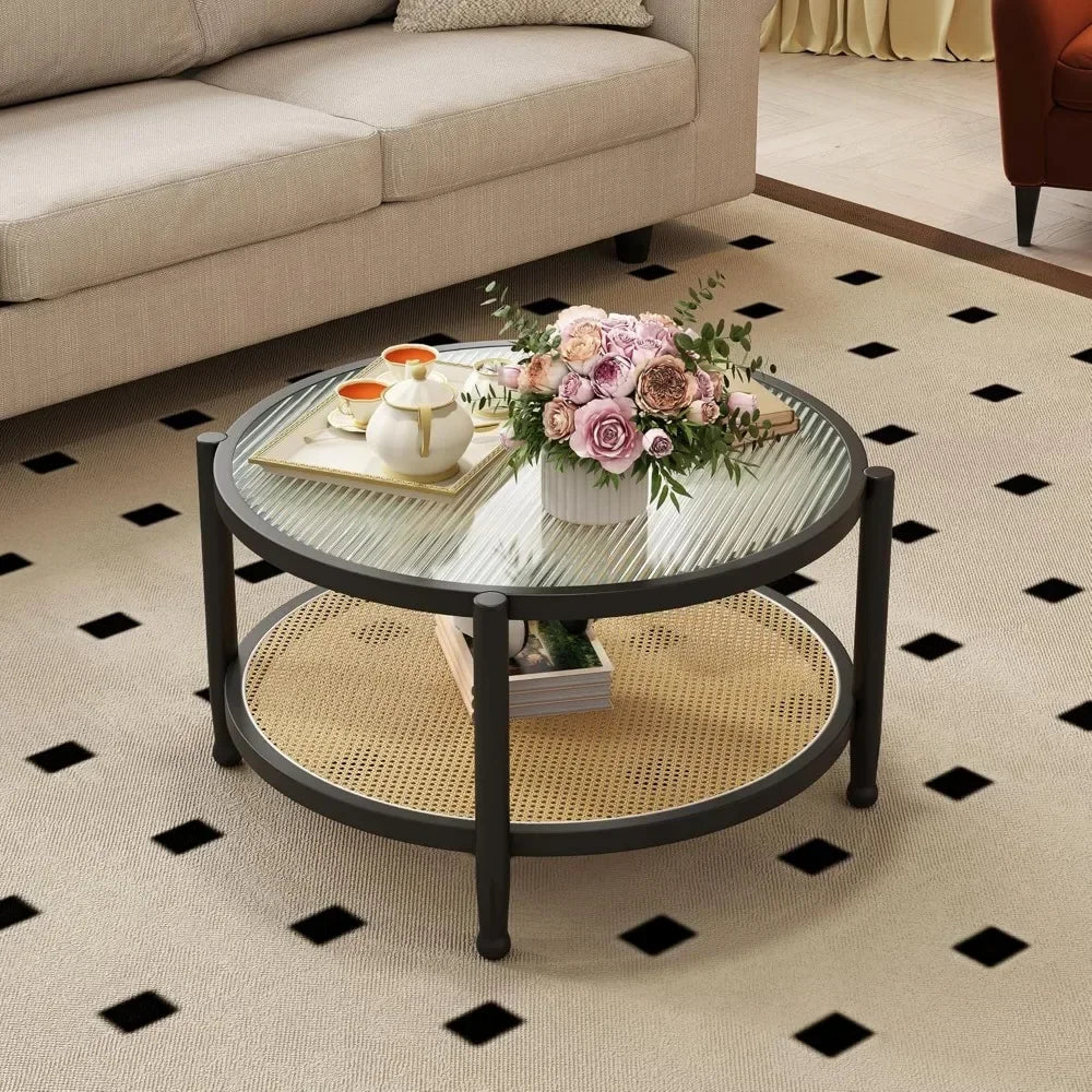 Rattan Round Coffee Table Set of 2 Farmhouse Boho Wood Two Tier Storage