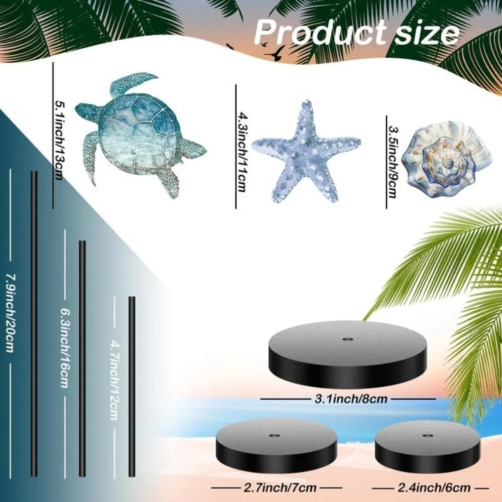 Set Of 3 Coastal Nautical Turtle And Starfish Wooden Block Decor Centerpieces