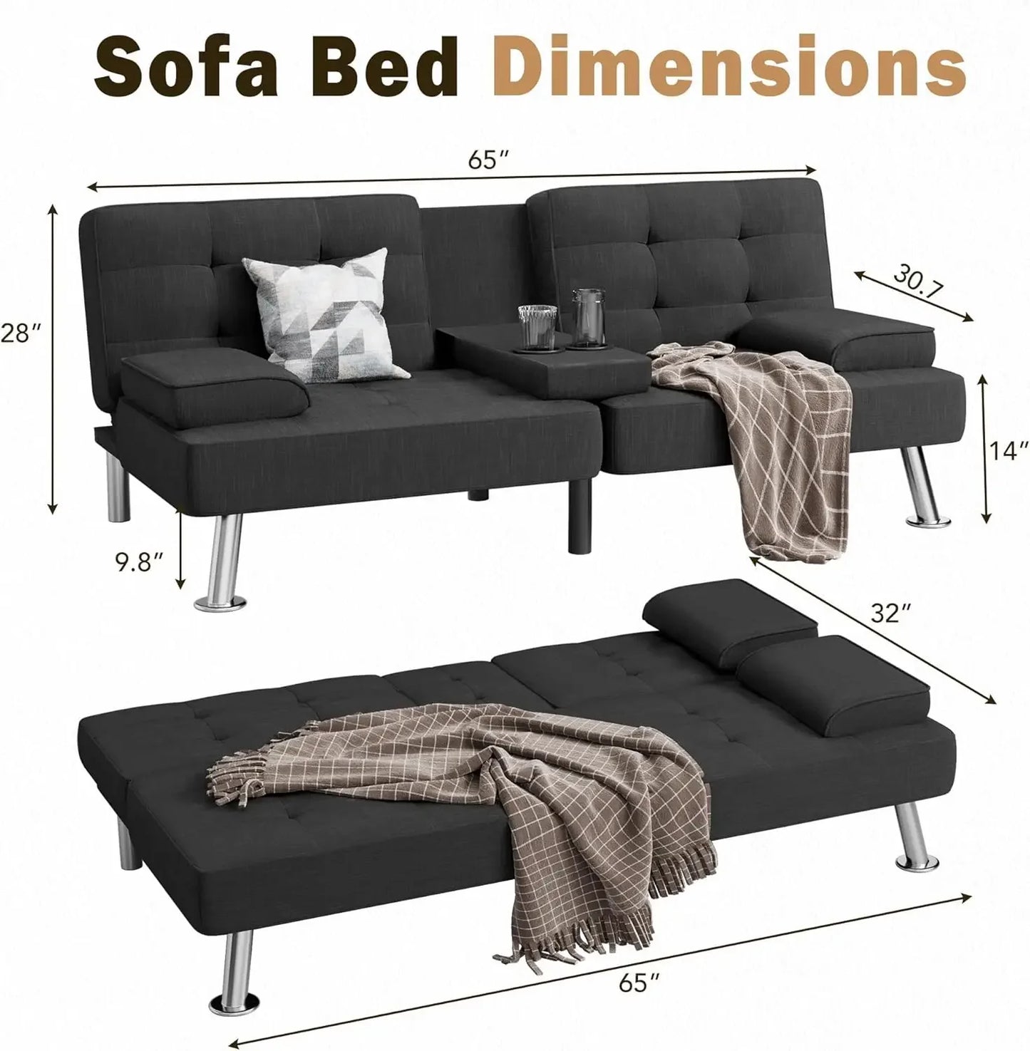 Modern Linen Upholstered Convertible Folding Futon Sofa Bed with Removable Armrests and Metal Legs for Living Room