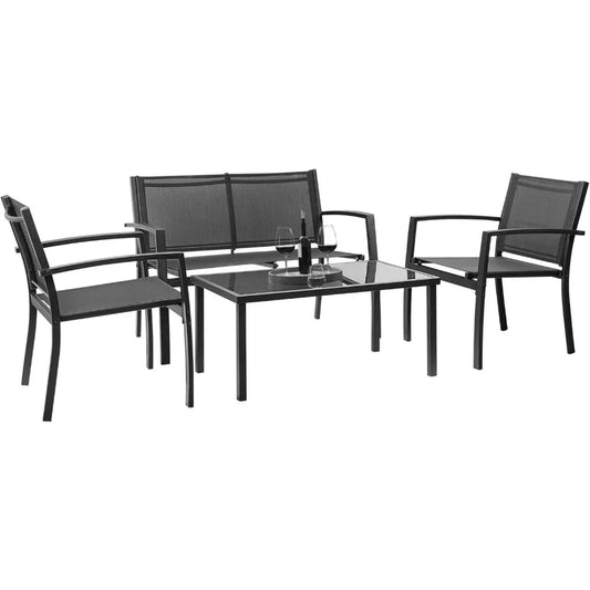 Black 4 Pieces Outdoor Patio Furniture Set With Glass Coffee Table For Garden And Poolside
