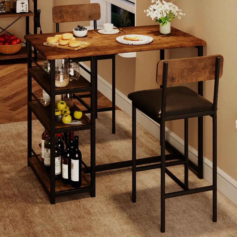 3 Piece Bar Table Set With 2 Upholstered Stools And 3 Tier Storage Shelves Steel