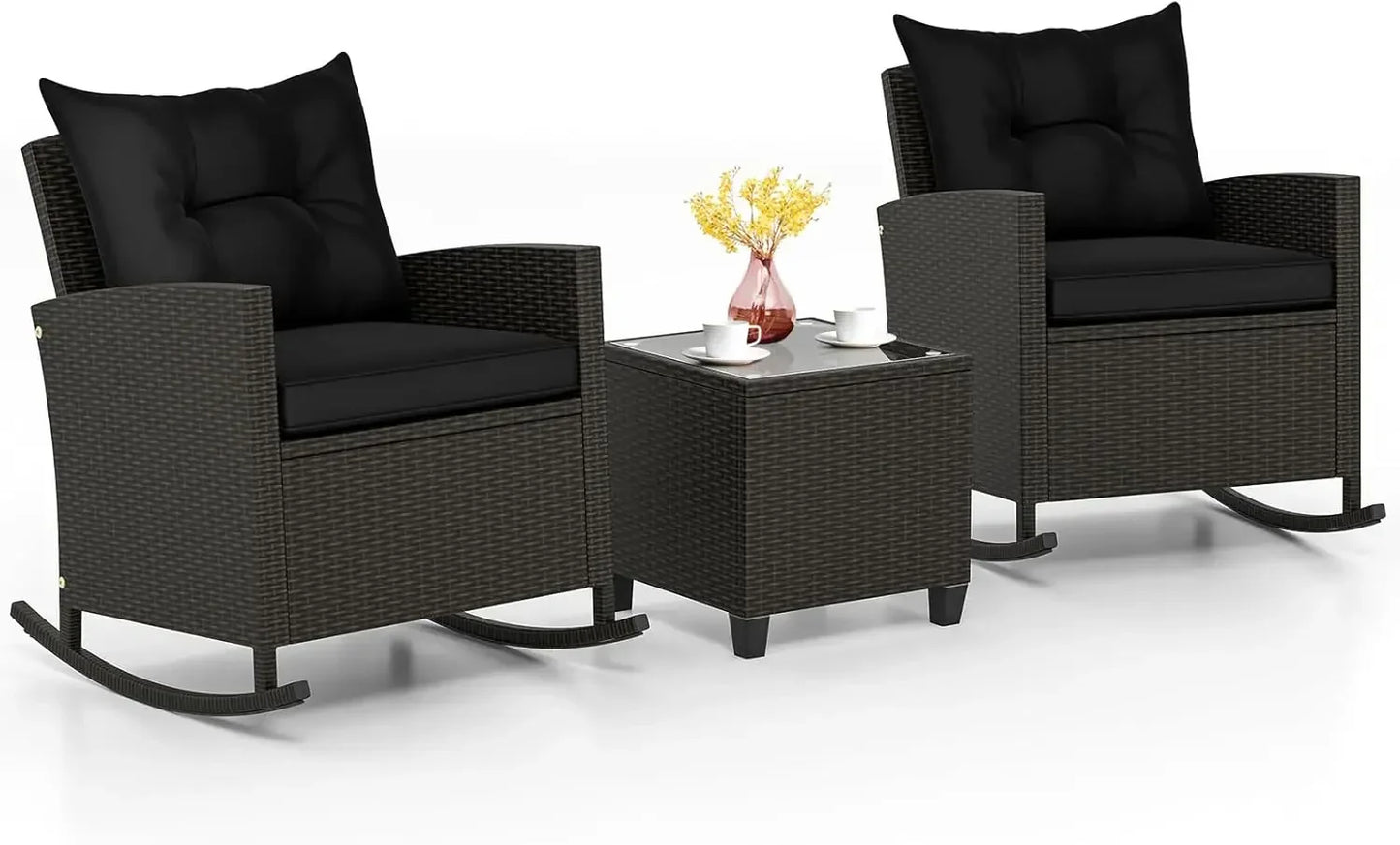 3 Piece Patio Rocking Bistro Set Wicker Outdoor Glass