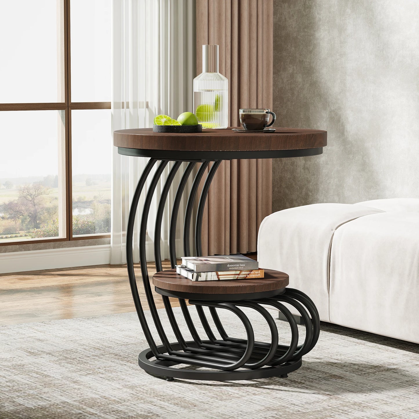 Tribesigns Gold Round End Table With Faux Marble 2 Tiers Storage Nightstand