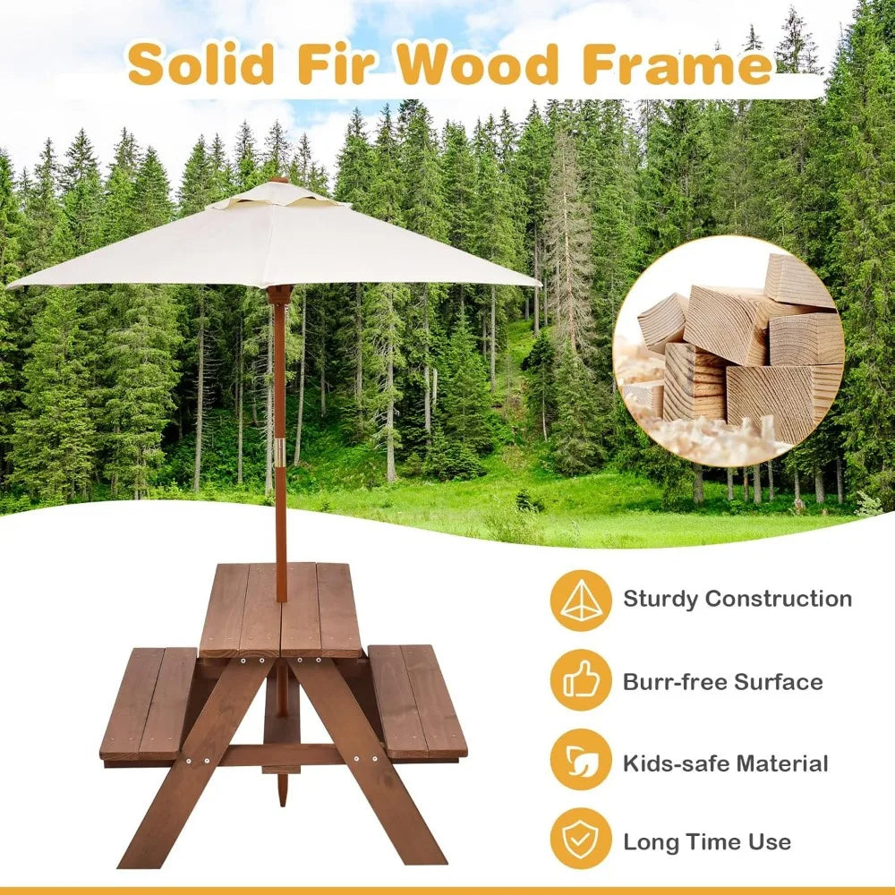 Kids Outdoor Wooden Picnic Table Bench Set With Removable Umbrella