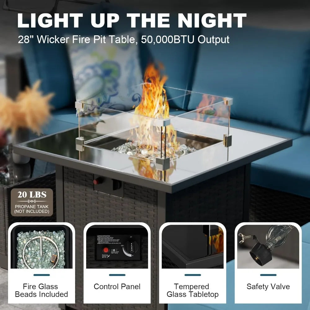 Outdoor Patio Furniture Set with Fire Pit Table Wicker Sofa