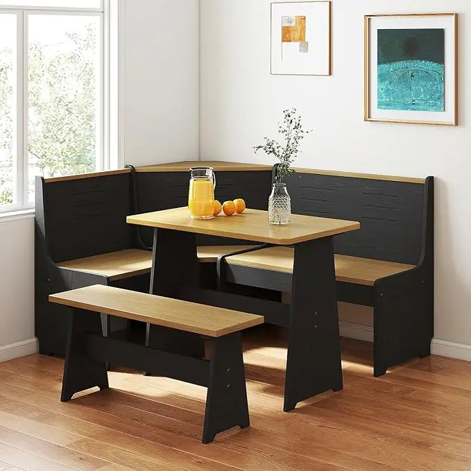 Breakfast Nook Corner Dining Table Kitchen Bench Chair Set Space Saving 3 To 5 People L Shape Reversible Black