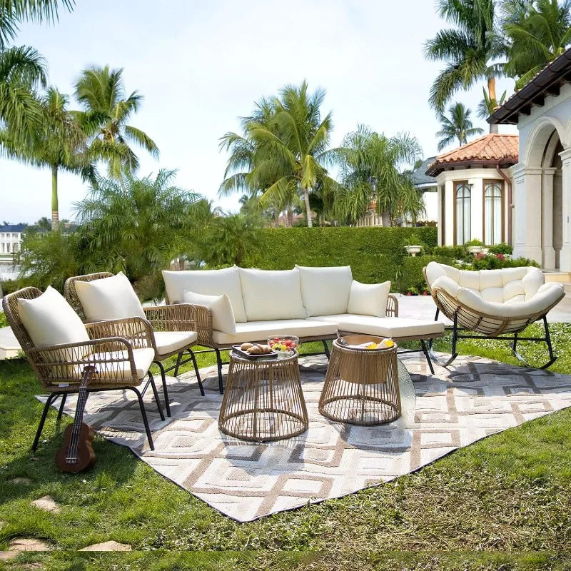Bohemian Outdoor 7 Piece Wicker Patio Sectional Sofa With Rocker Chair Beige