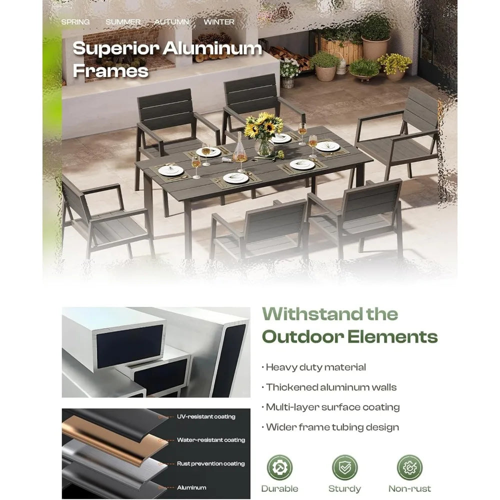 Outdoor Patio Dining Table Set 7 Piece Aluminum And HDPS Weather Umbrella Hole