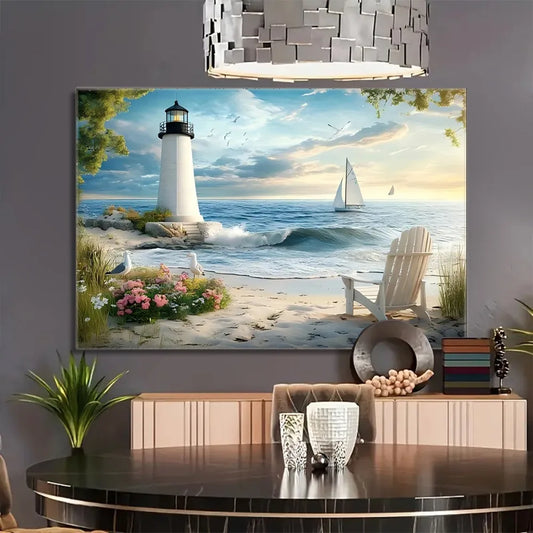 Coast Lighthouse Canvas Wall Art With Thick Pine Frame