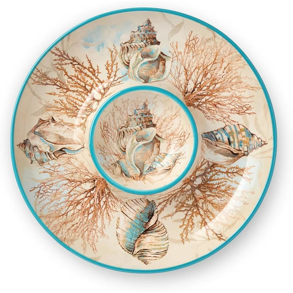 Coastal Seashell Coral Chip Dip Set 13.75 Inch Durable Ceramic Dishwasher Safe Ideal for Entertaining Parties