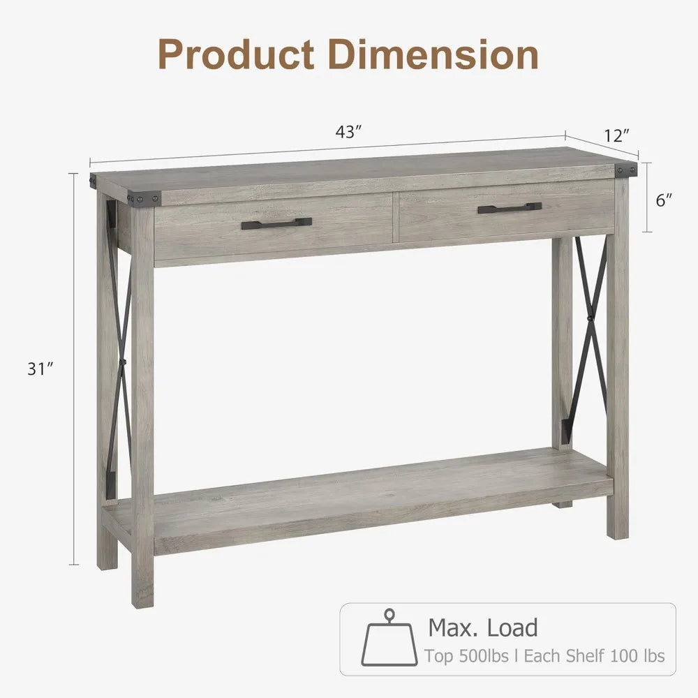 Farmhouse Console Table With 2 Drawers And Storage Shelf Accent Wood Sofa Table For Living Room 43 Inch Deep