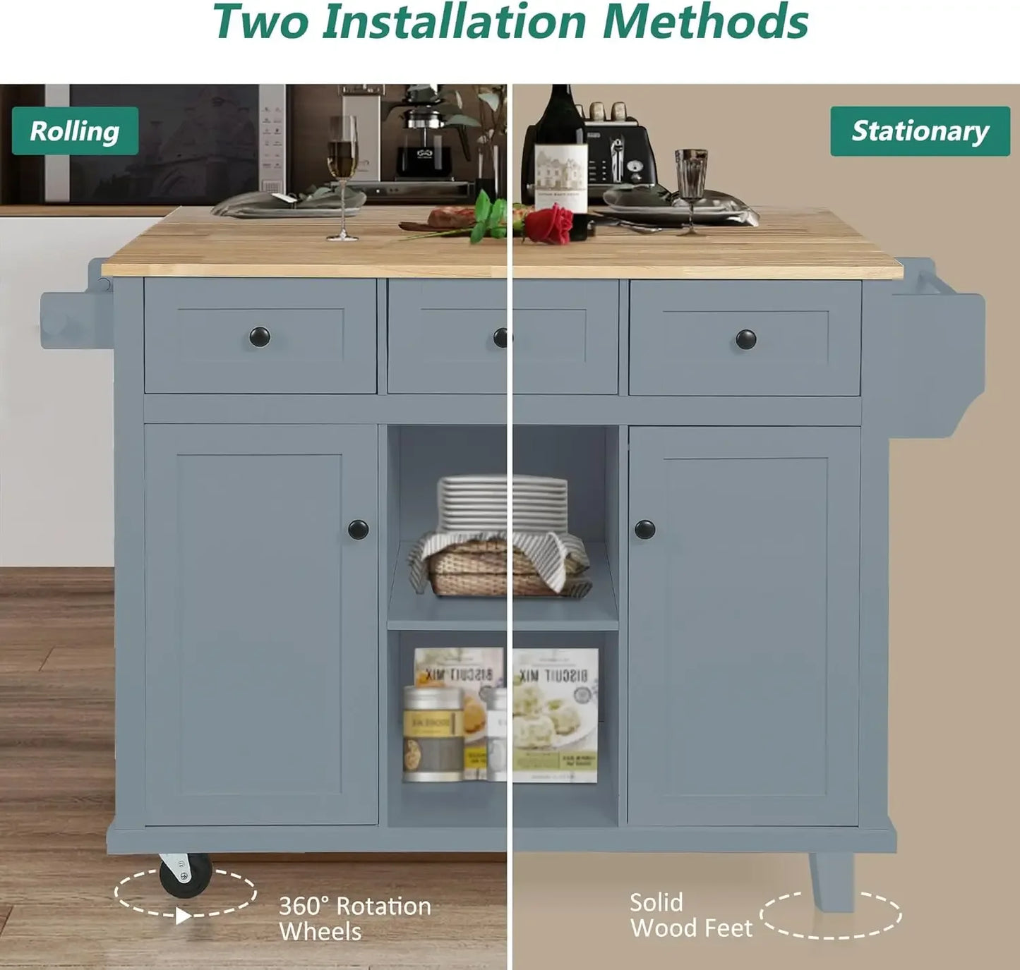 Gray Blue Kitchen Island On Wheels With Drop Leaf Storage