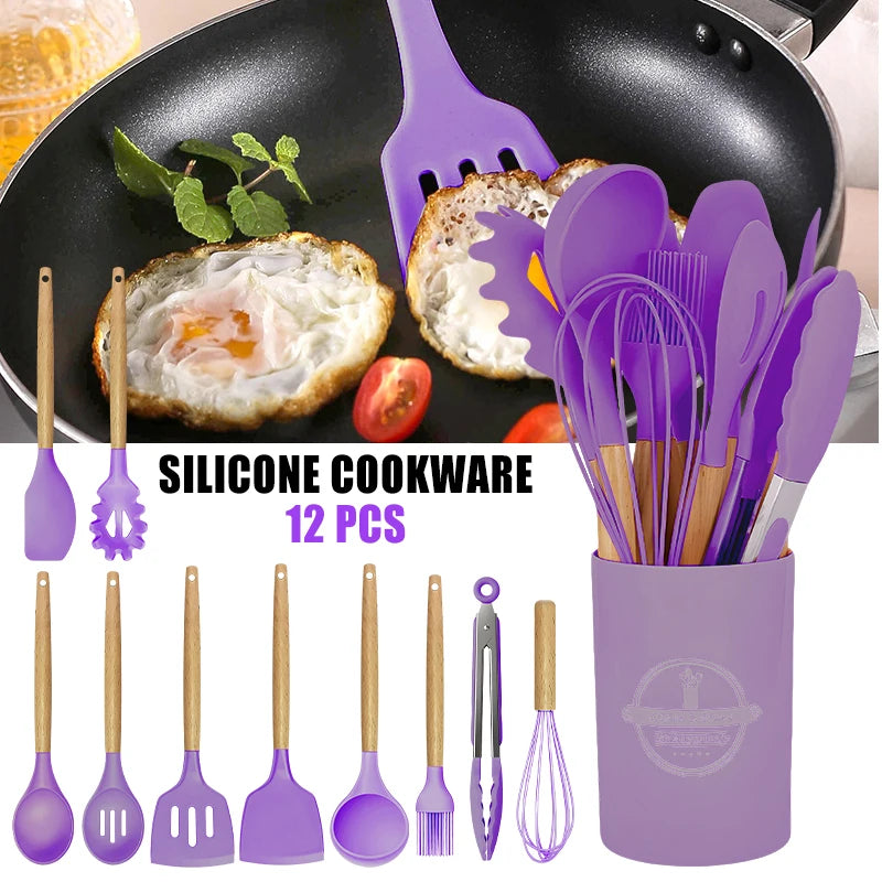 12 Piece Silicone Kitchen Utensils Set Nonstick Spatula Shovel Egg Beaters Baking Tools With Storage Bucket