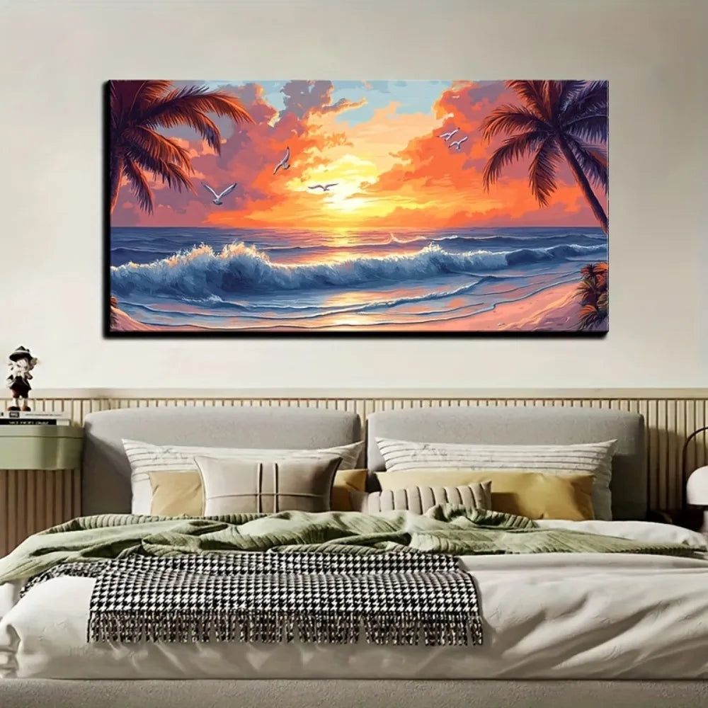 Ocean Sunset Beach Oil Painting With Pine Wood Frame