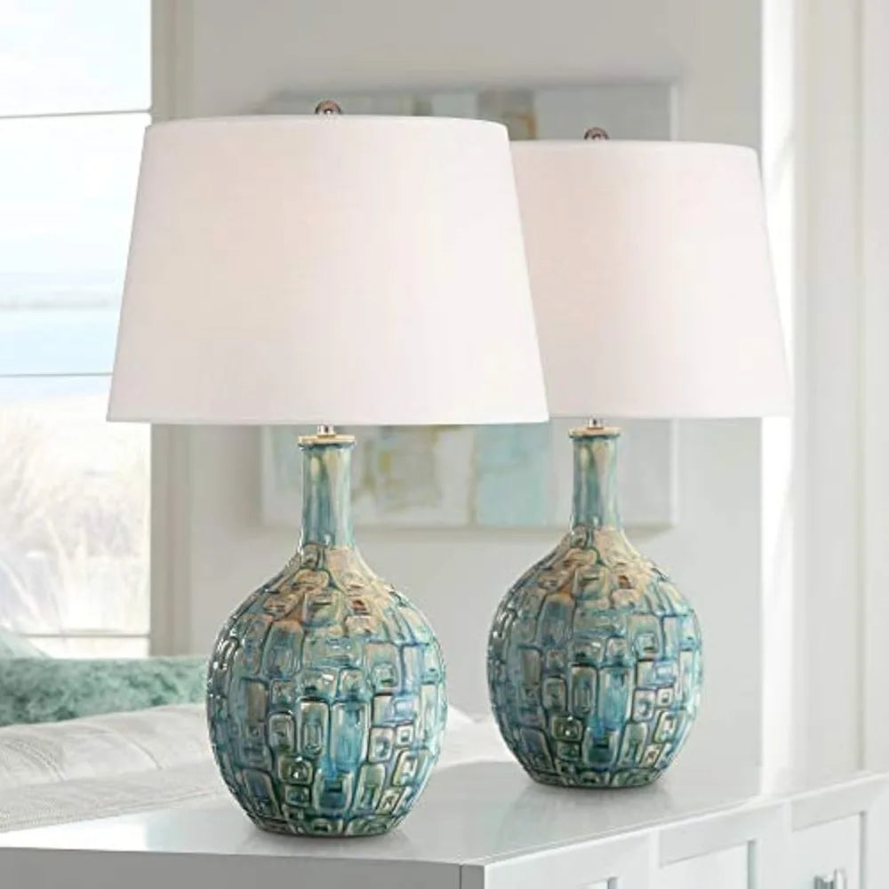 Teal Ceramic Gourd Table Lamps Set of 2 26 Inch Mid Century