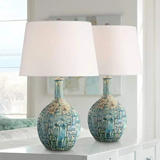 Teal Ceramic Gourd Table Lamps Set of 2 26 Inch Mid Century