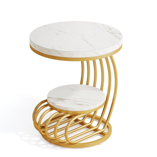 Tribesigns Gold Round End Table 2 Tiers Faux Marble Storage