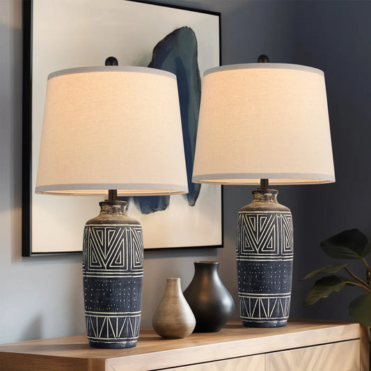 2 Pack Carved Geometric Ceramic Table Lamps Linen Shade