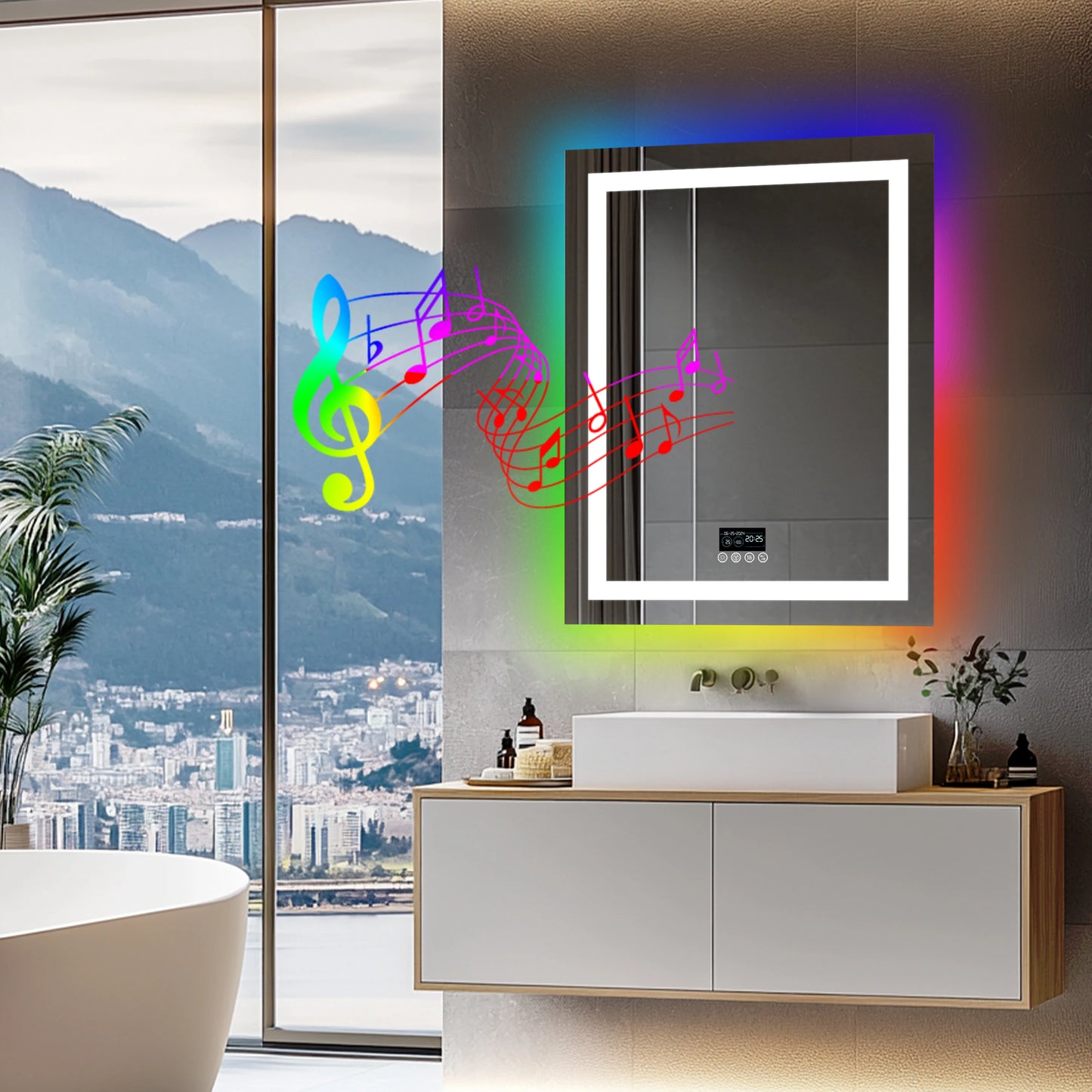 LED Lighted Bathroom Mirror With Bluetooth Speaker RGB Lighting Wall Mount