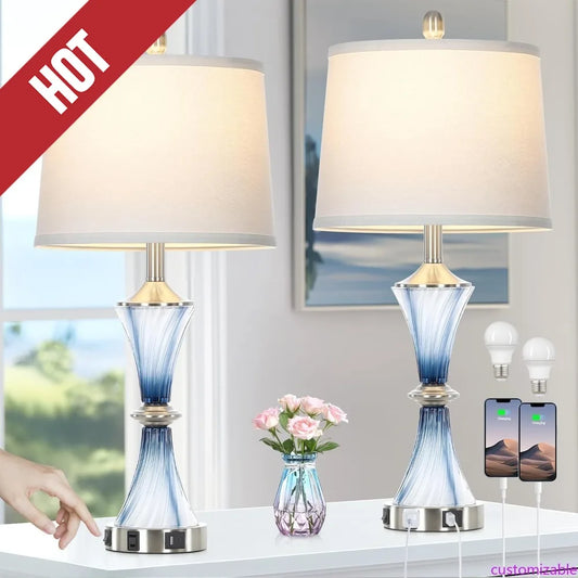 Blue Glass Table Lamps Set Of 2 With USB C And AC Outlet