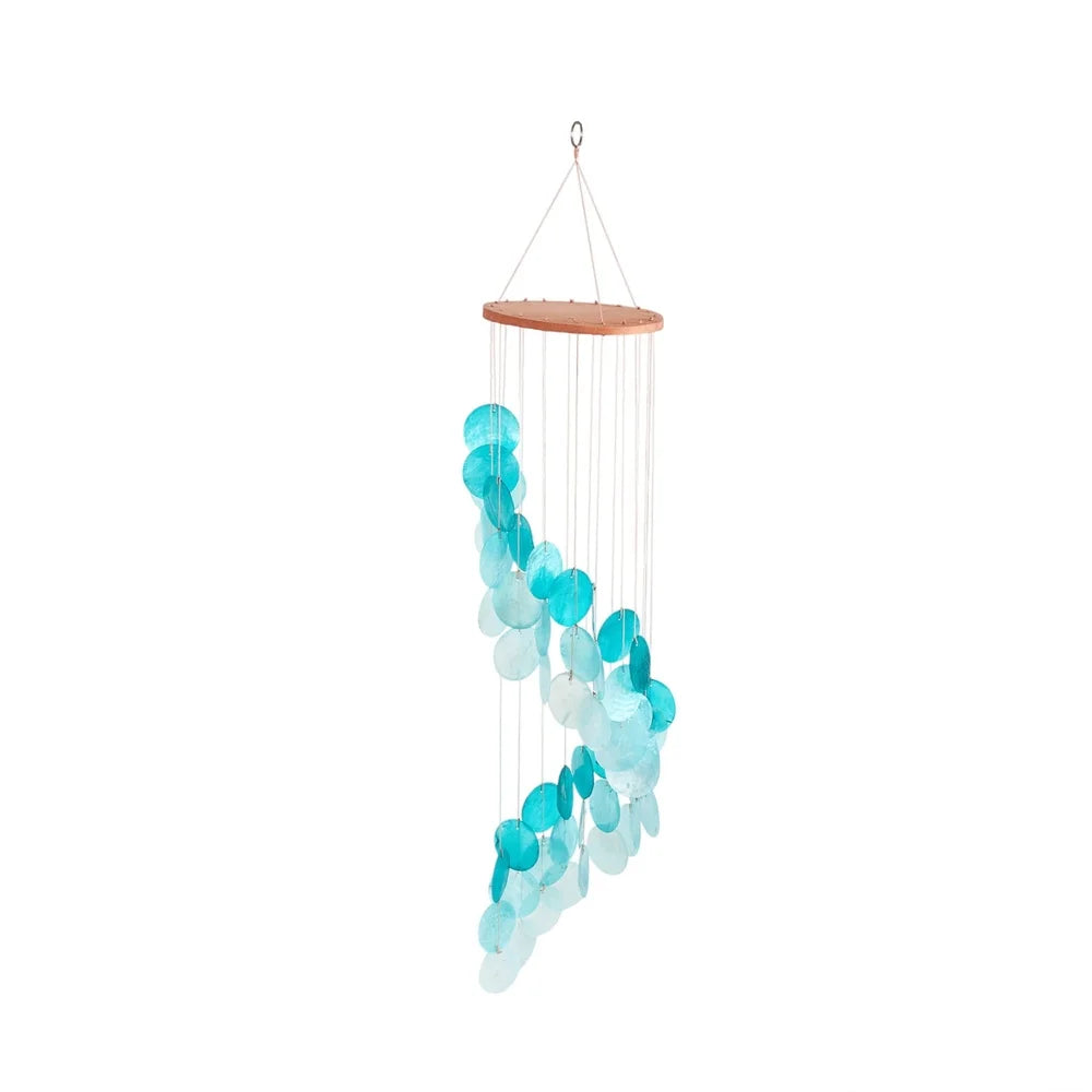 Teal Capiz Shell Waterfall Wind Chime for Indoor and Outdoor Use Coastal Decor Elegant Home Garden Hanging Windchime