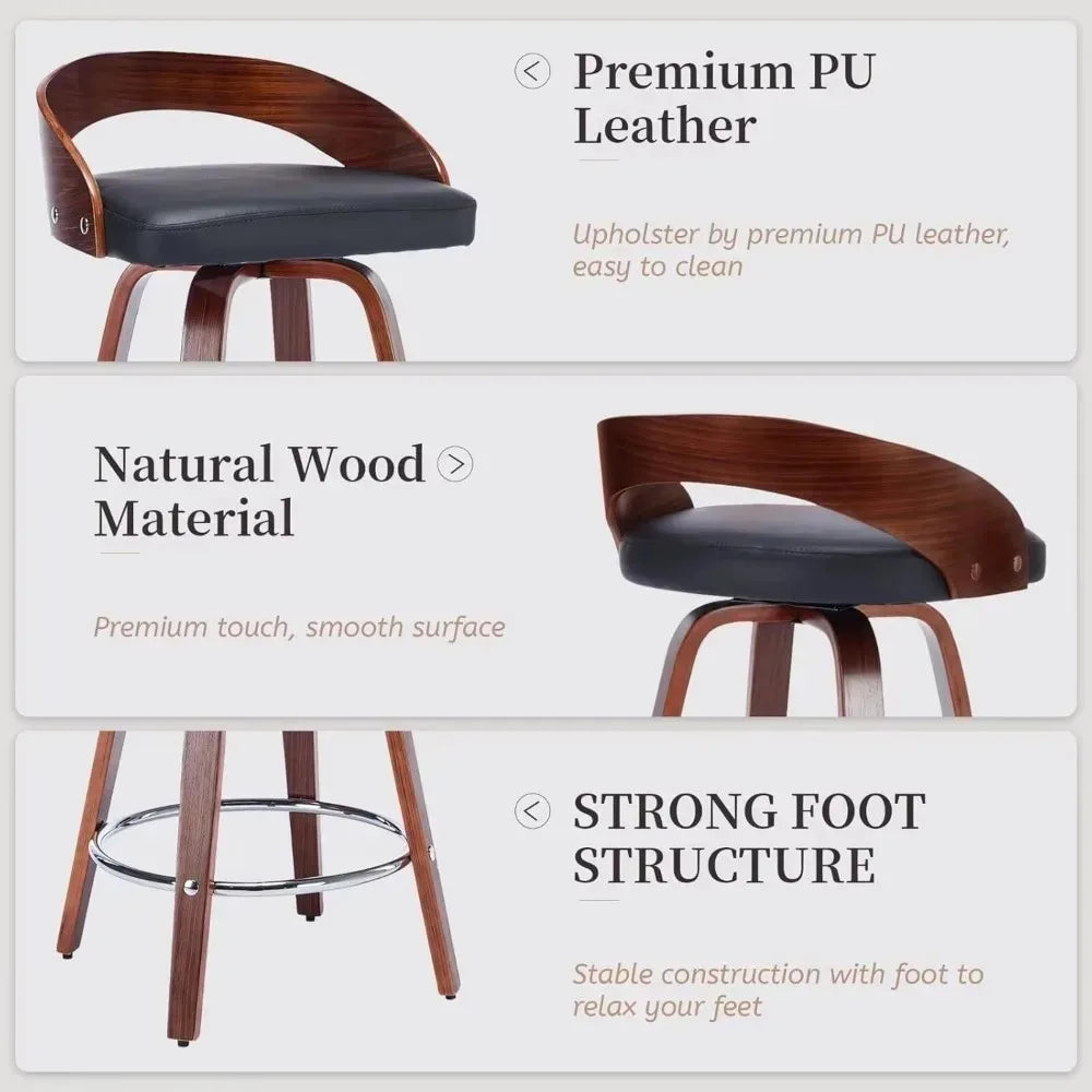 25 Inch Swivel Bar Stool Set of 2 Low Back Mid Century Black PU Leather Upholstered Walnut Wood Counter Height