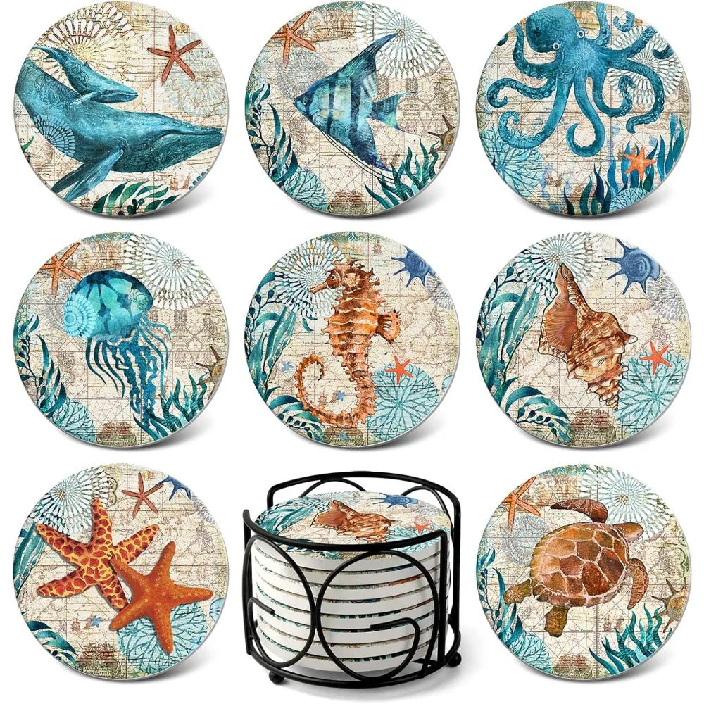 Absorbing Stone Coasters Ocean Life Ceramic Set Of 8 With Cork Base Holder