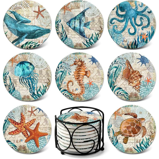 Absorbing Stone Coasters Ocean Life Ceramic Set Of 8 With Cork Base Holder