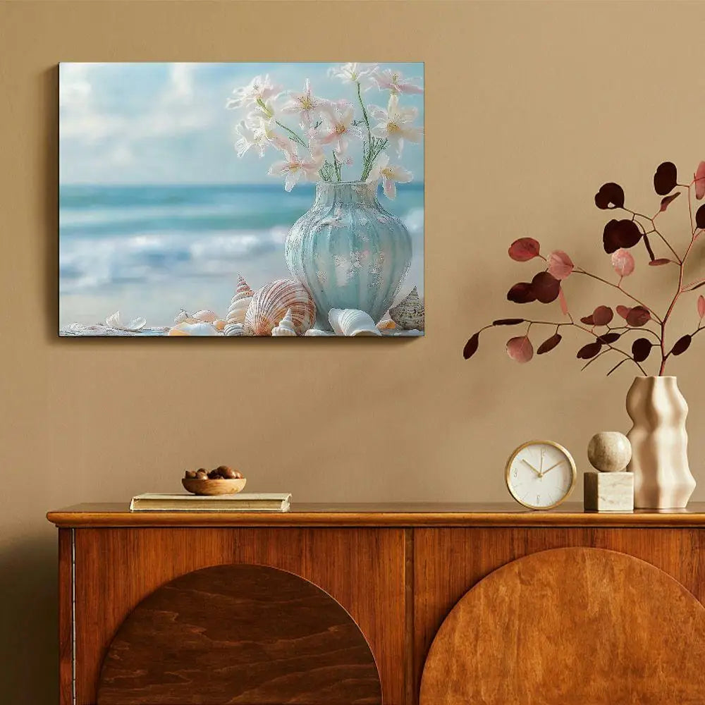 Coastal Happiness Beach Scene Canvas Wall Art With Flowers