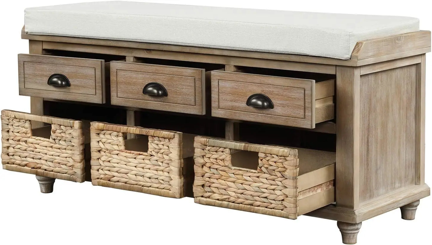 Wood Storage Bench With 3 Drawers And 3 Rattan Baskets, Rattan Entryway Bench With Removable Cushion White Washed