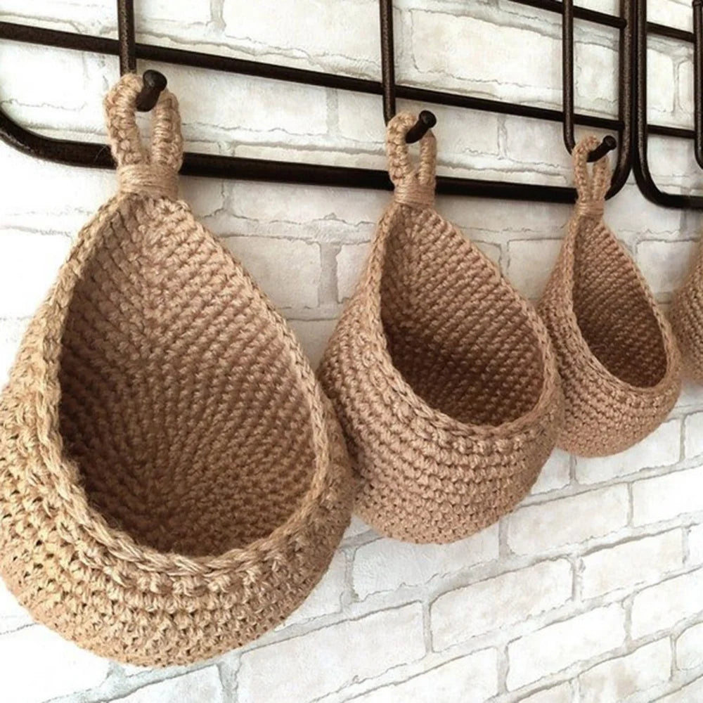 Hanging Fruit Basket Boho Jute Handwoven Kitchen Baskets
