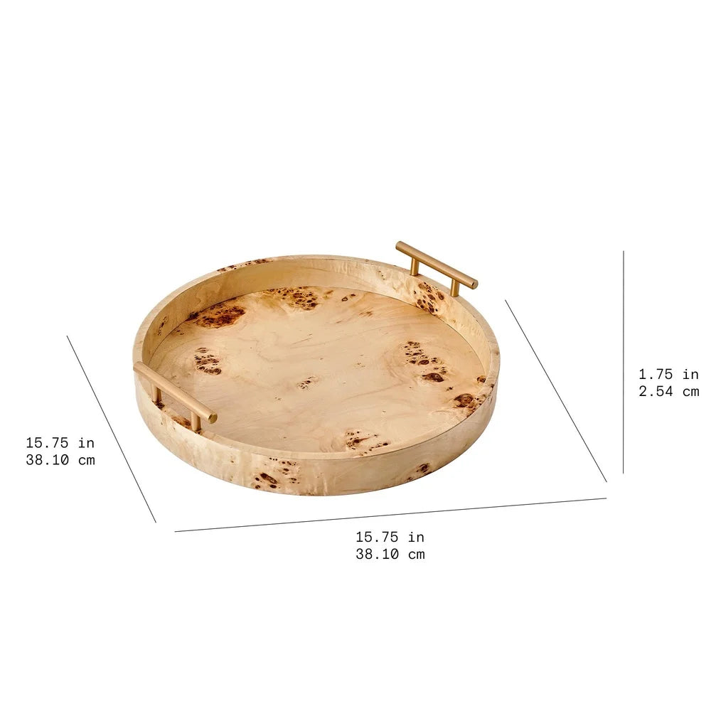 Round Burlwood Serving Tray With Gold Handles Lightweight Accent Piece For Drinks And Appetizers Home Decor 15.75 Inch